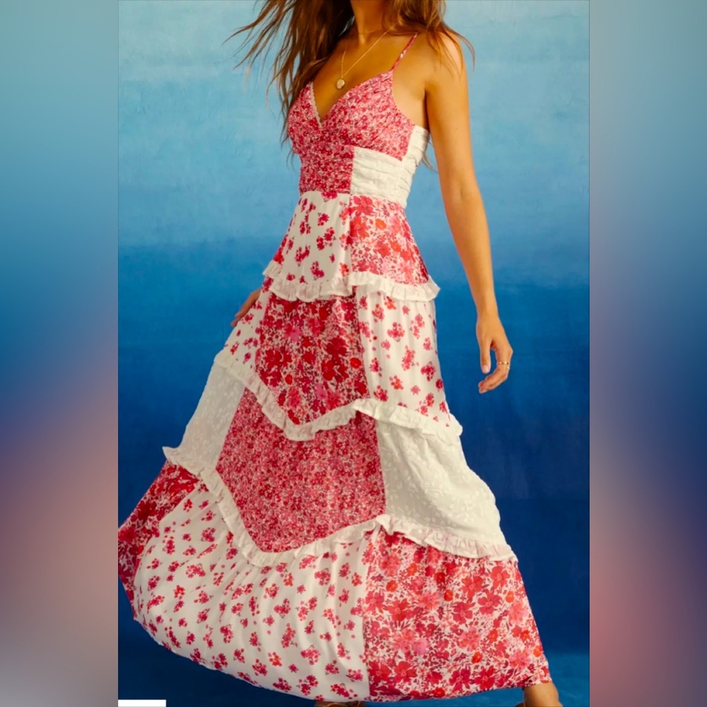 Altar’d State Aderny Patchwork Floral Maxi Dress in Red